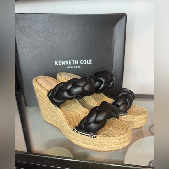 NWT NIB Kenneth Cole Olivia Braid Braided Open Toe Wedge Sandals Black Size 8.5 - Picture 4 of 7